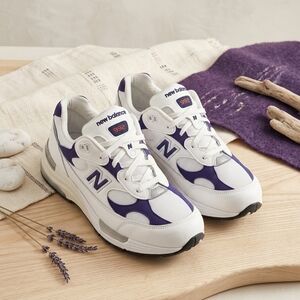 New Balance White and Purple 992 Sneakers